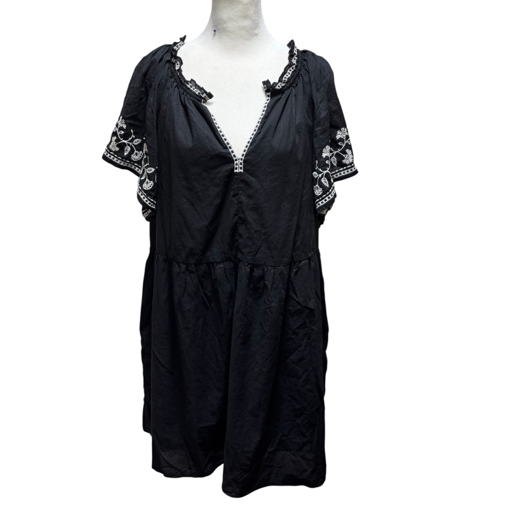 Old Navy Black Embroidered Flutter Sleeve Tiered Babydoll Mini Dress Large #627